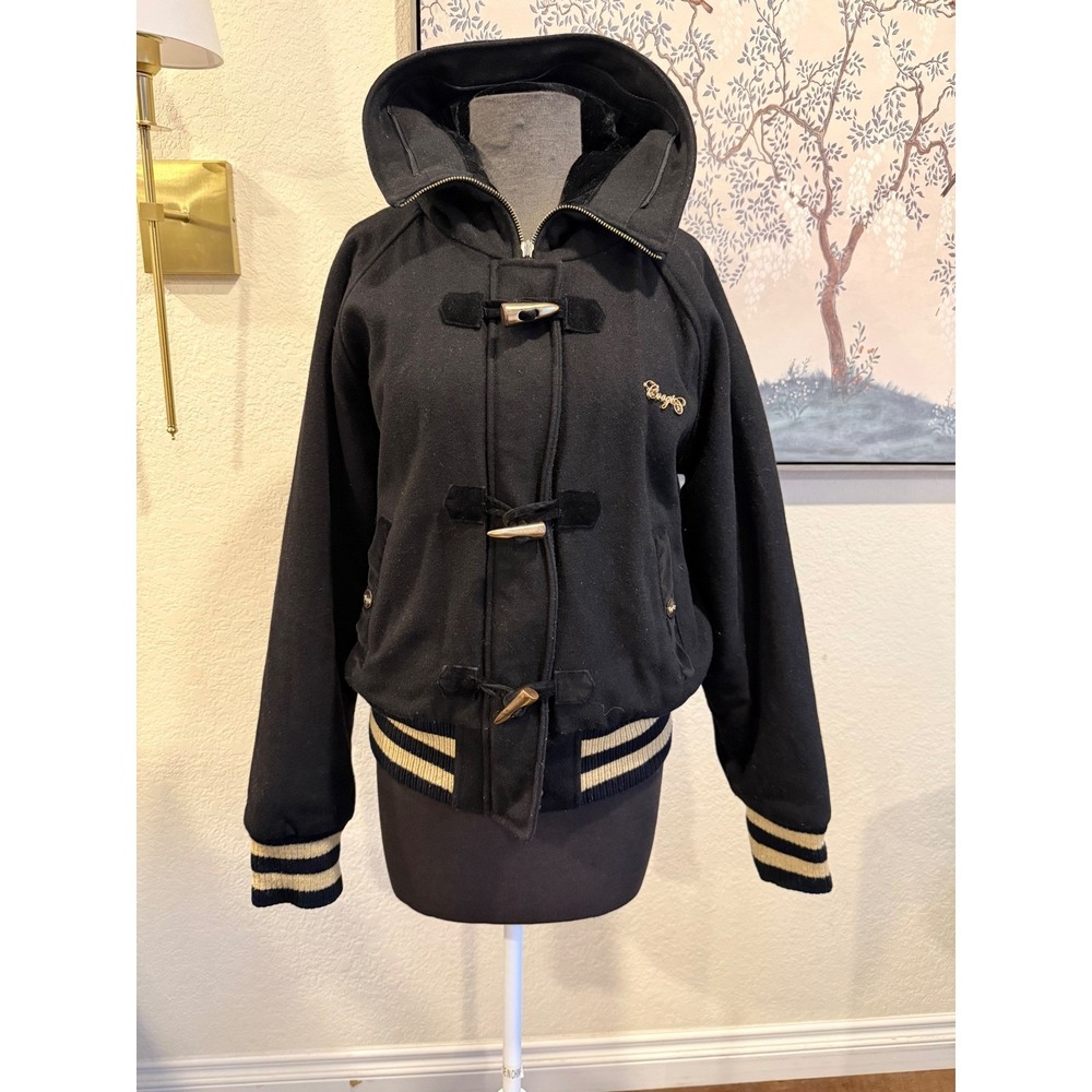 Coogi Australia‎ Women Black Wool Hooded Bomber Jacket Toggle Gold Trim L Flaw
